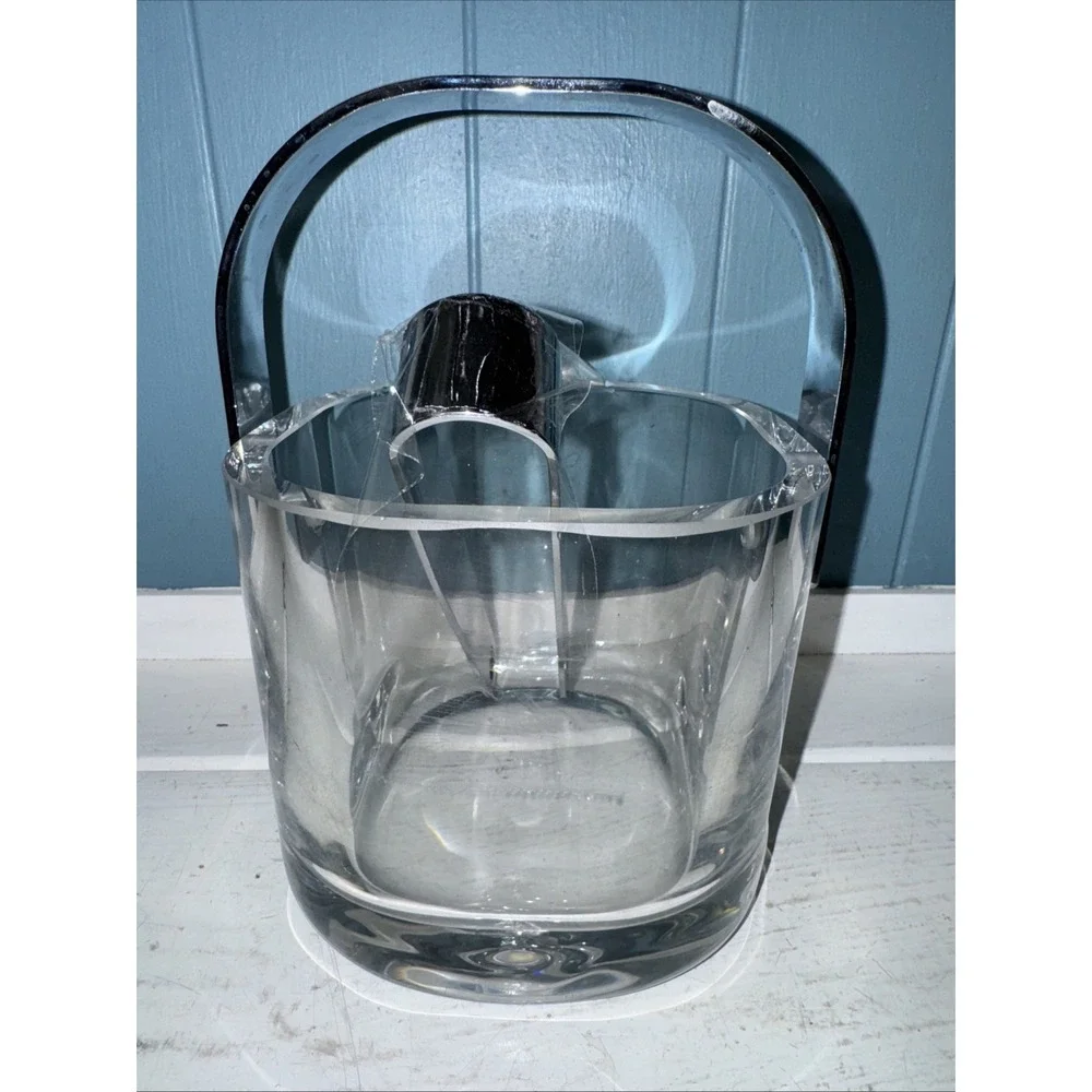 Orrefors Sweden Lead Crystal Ice Bucket Original Sticker Vtg 70s Tongs Drain Set